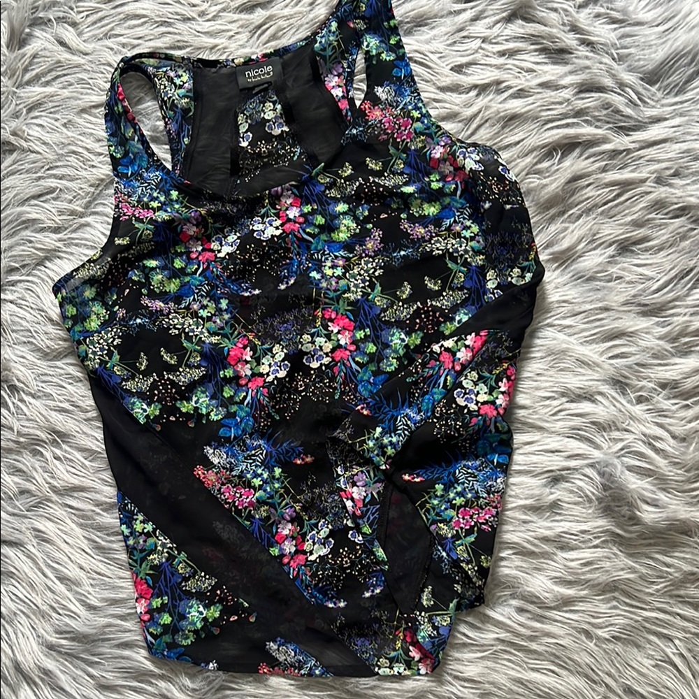 Nicole Miller Black and Pink Graphic Fitted Camisole